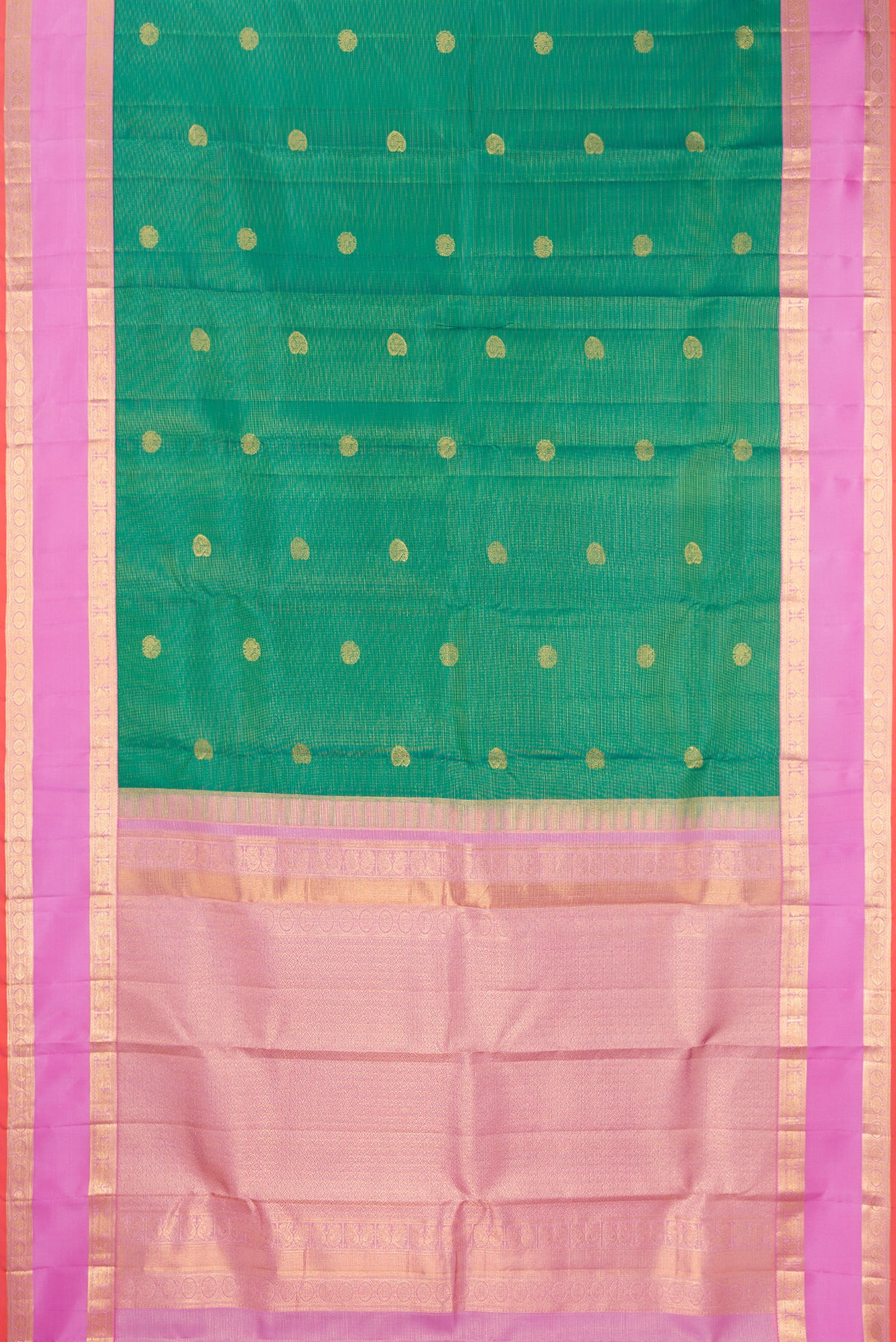 Light Green Dual Tone Kanchipuram Silk Saree with Stripes on the body and Fancy Border.  displayed on a mannequin
