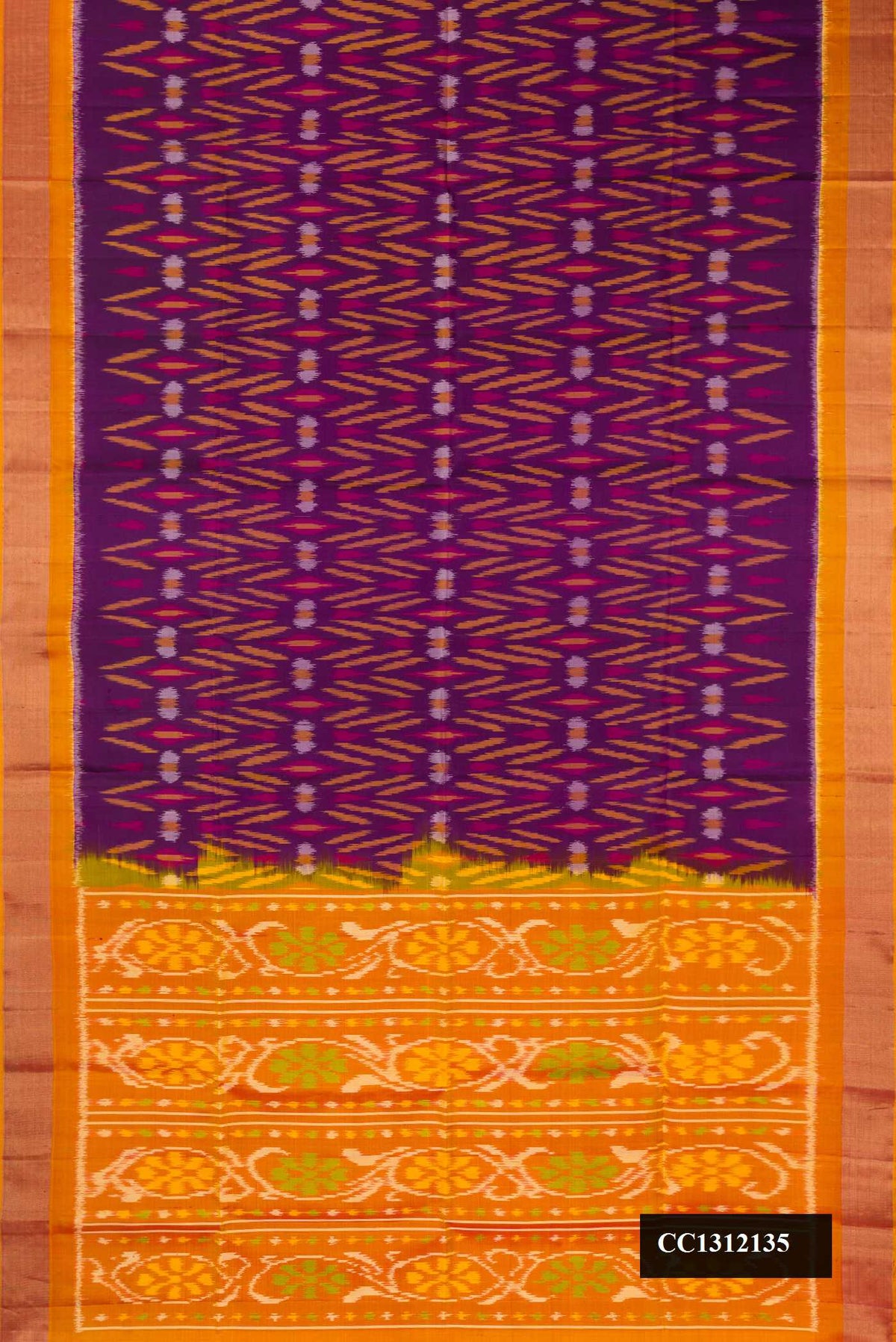 Purple Dual Tone Soft Silk Saree with Ikat Print on the body and Zari Border.  displayed on a mannequin