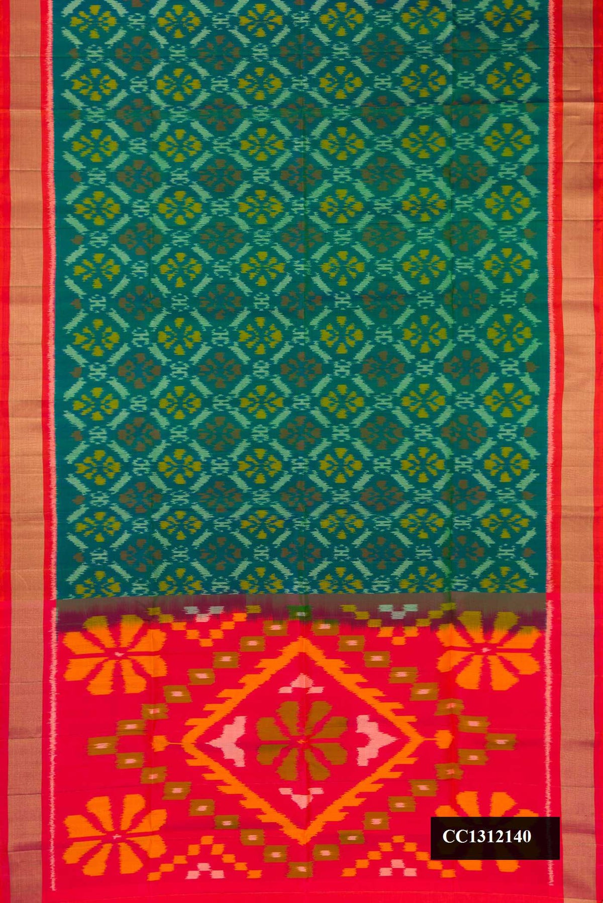 Green Dual Tone Soft Silk Saree with Ikat Print on the body and Zari Border.  displayed on a mannequin