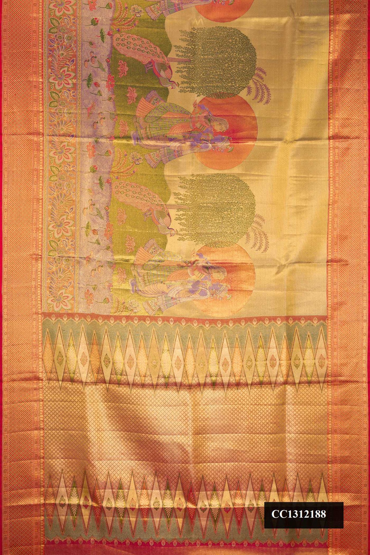 Gold Dual Tone Kanchipuram Tissue Silk Saree with Zari Brocade on the body and Fancy Border.  displayed on a mannequin