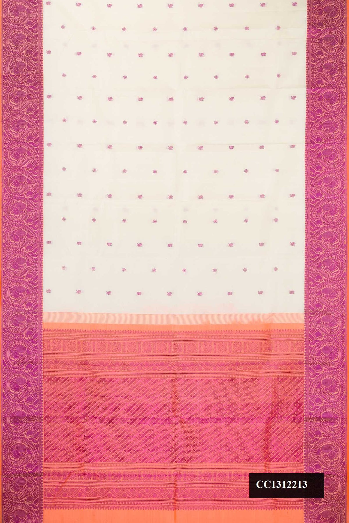 Off White Dual Tone Kanchipuram Silk Saree with Thread Butta on the body and Thread Border.  displayed on a mannequin