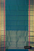 Peacock Blue Dual Tone Kanchipuram Silk Saree with Checked design on the body and Zari Border.  displayed on a mannequin