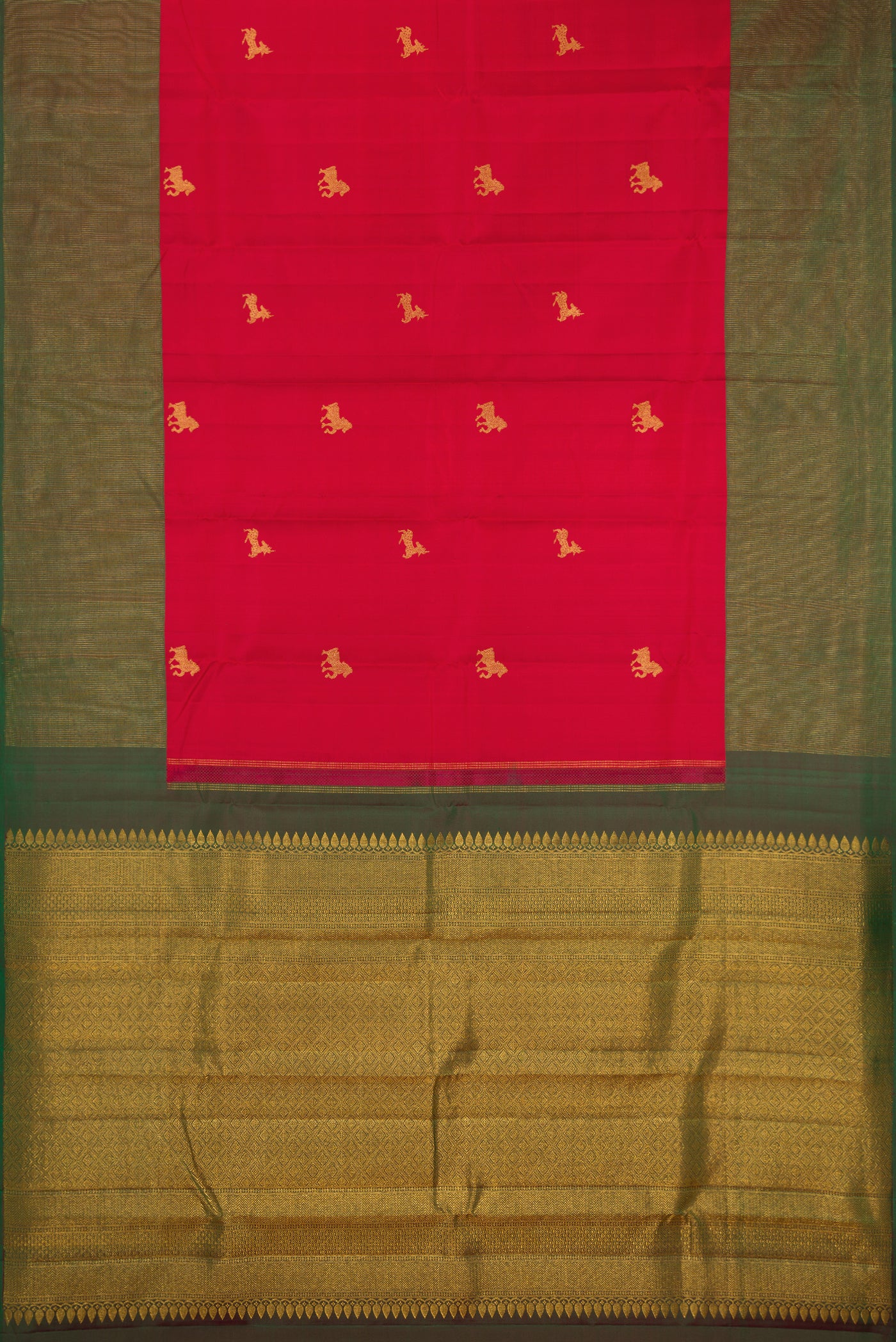 Maroon Dual Tone Kanchipuram Silk Saree with Zari Butta on the body and Fancy Border.  displayed on a mannequin