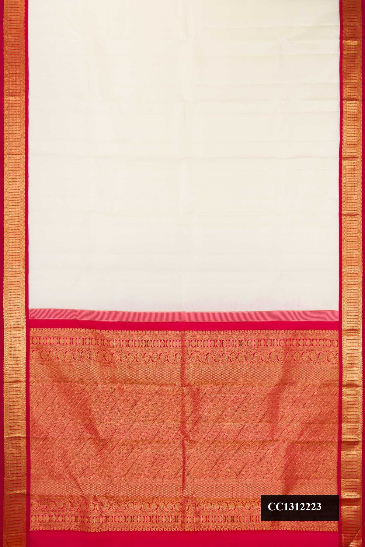 Off White Dual Tone Kanchipuram Silk Saree with Plain Body and Zari Border.  displayed on a mannequin