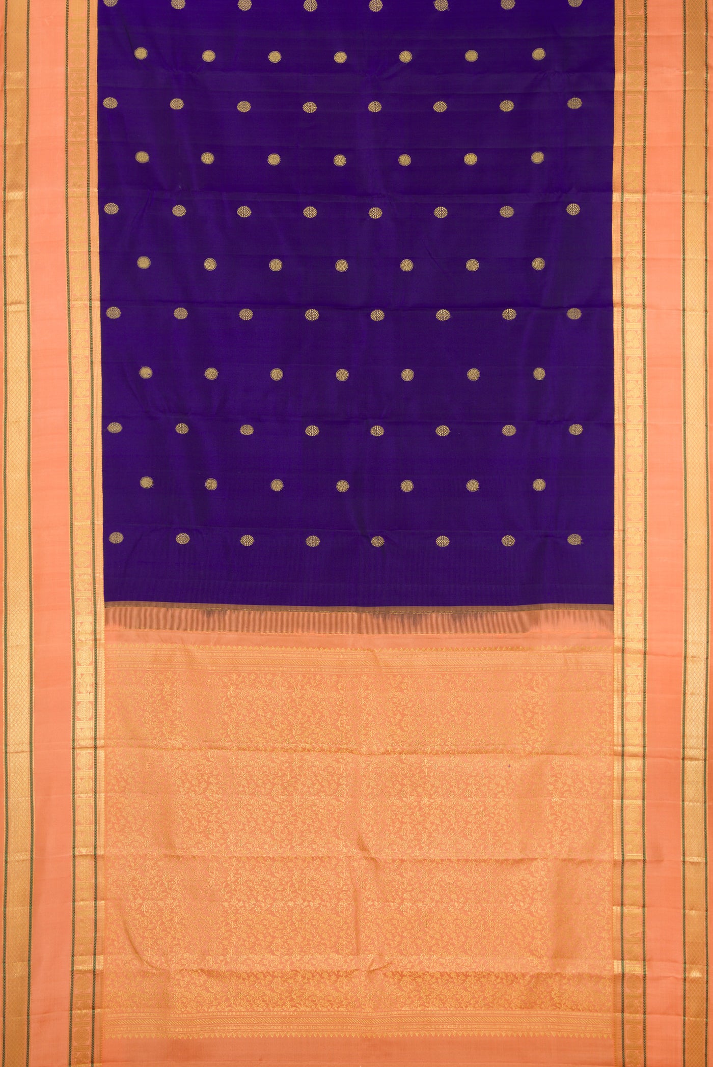 Royal Blue Dual Tone Kanchipuram Silk Saree with Zari Butta on the body and Fancy Border.  displayed on a mannequin