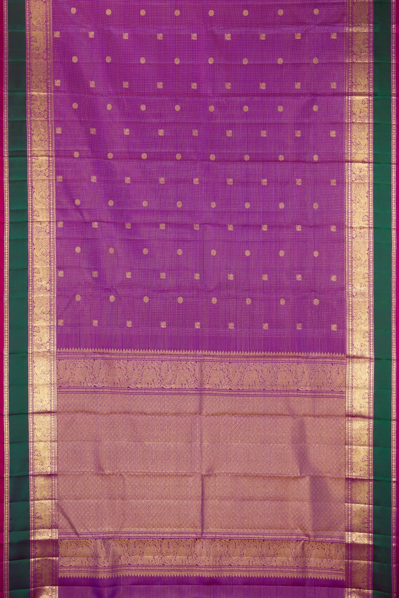 Purple Dual Tone Kanchipuram Silk Saree with Checked design on the body and Fancy Border.  displayed on a mannequin