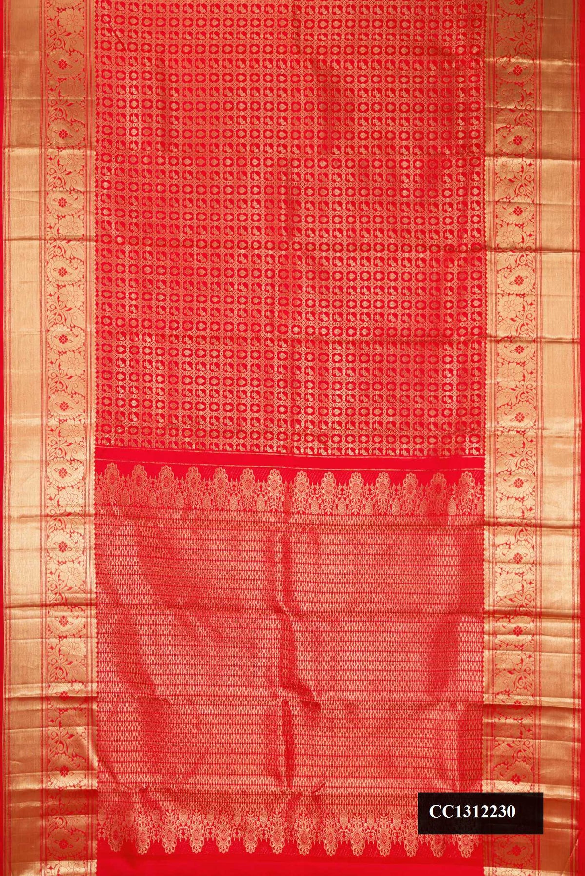 Orange Dual Tone Kanchipuram Silk Saree with Zari Brocade on the body and Zari Border.  displayed on a mannequin