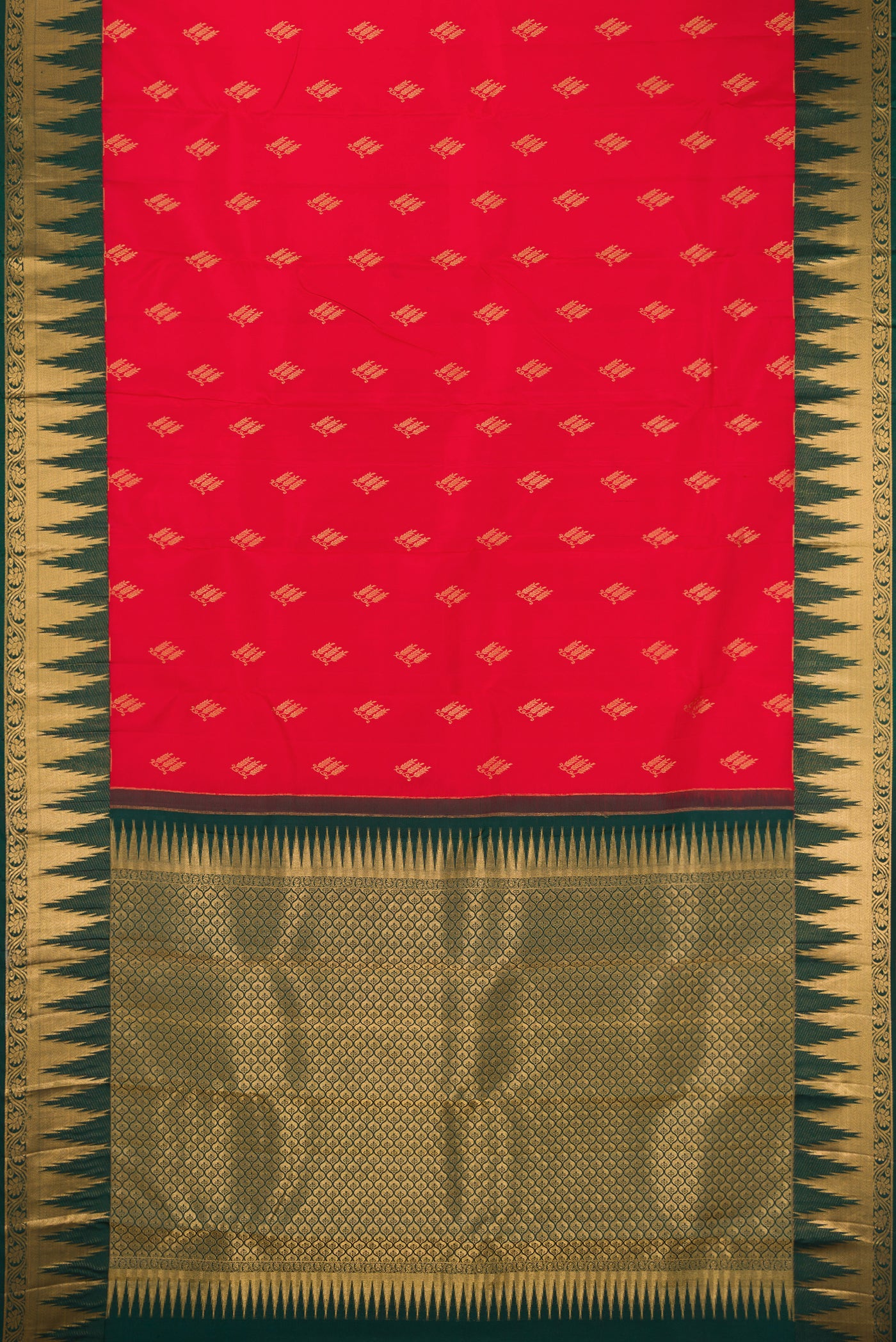 Red Dual Tone Kanchipuram Silk Saree with Zari Butta on the body and Temple Border.  displayed on a mannequin