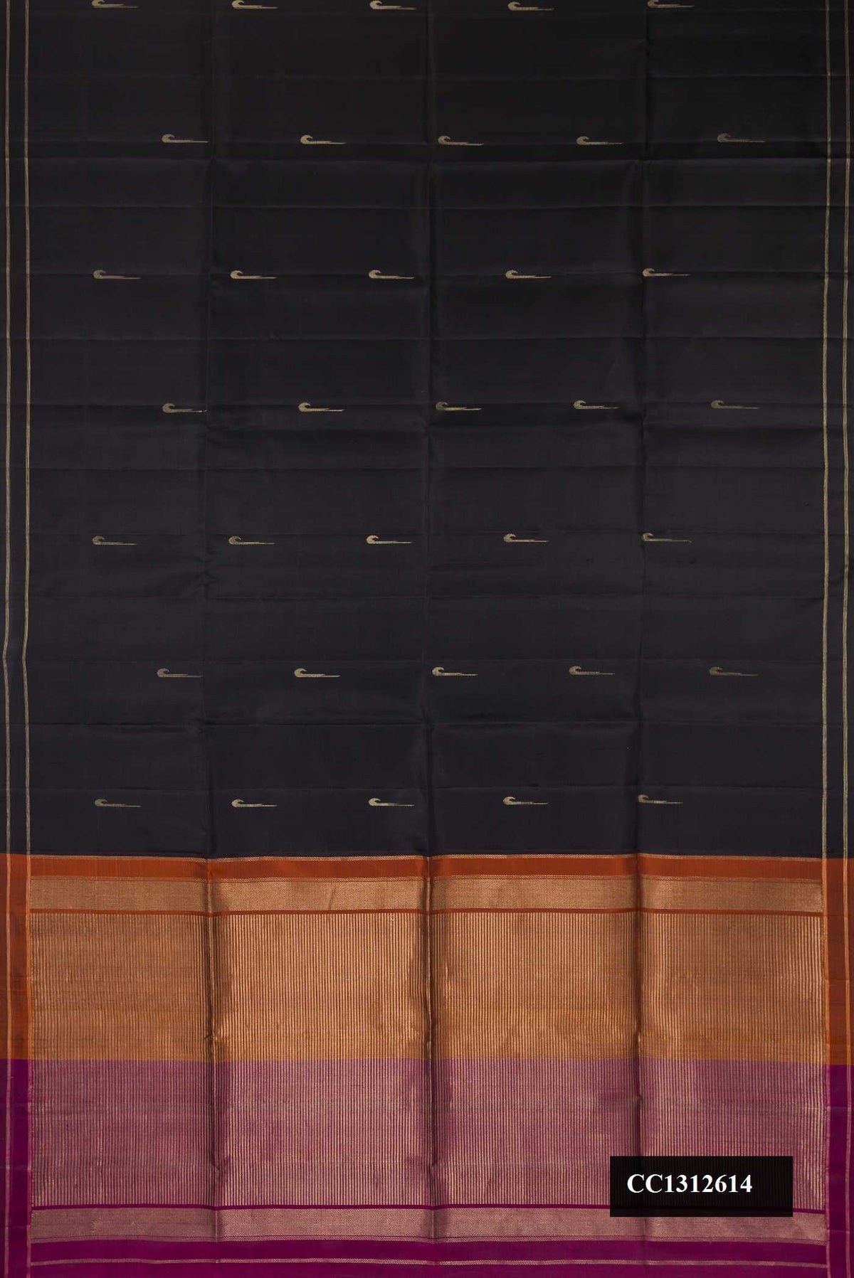 Black Dual Tone Soft Silk Saree with Zari Butta on the body and Zari Border.  displayed on a mannequin