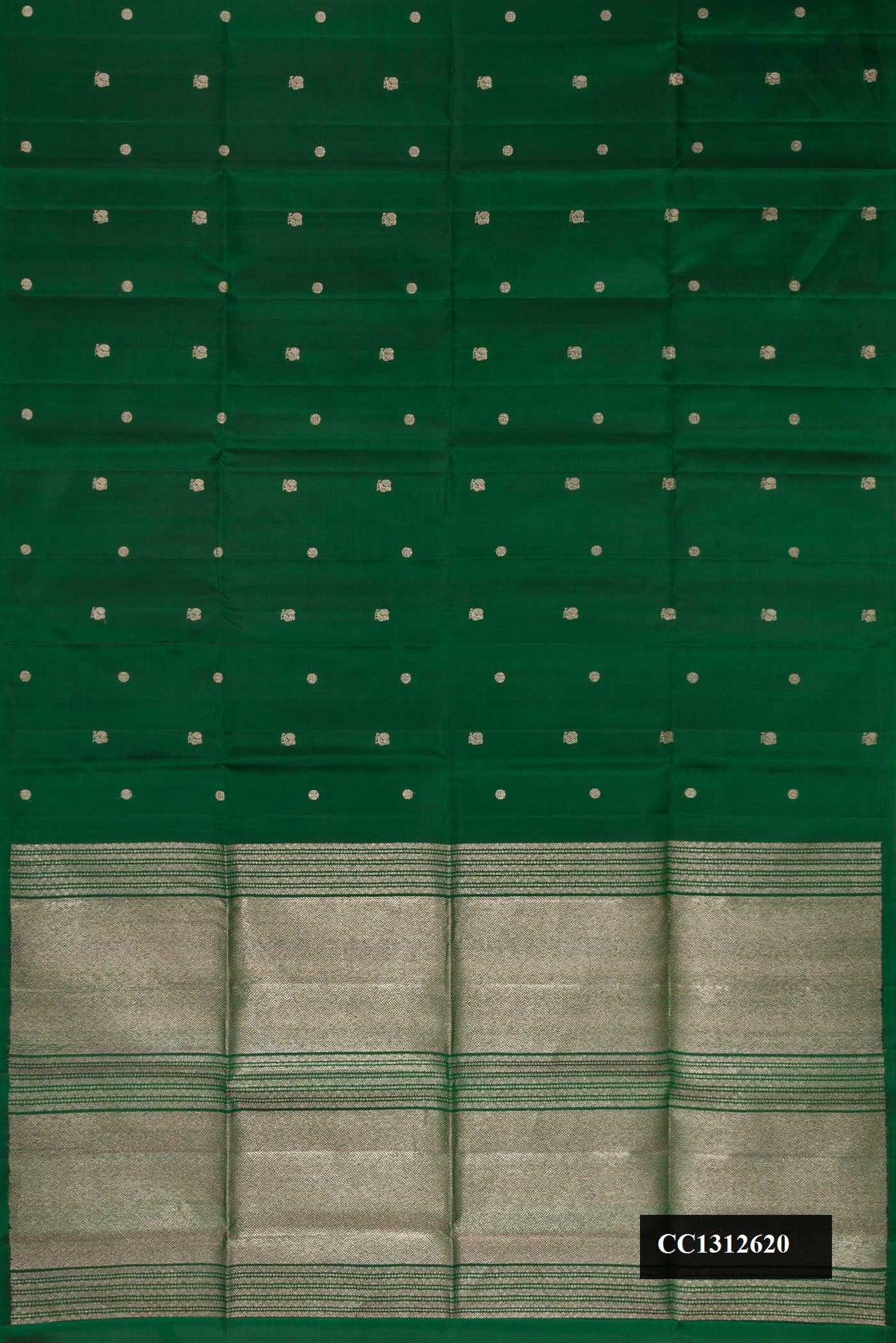 Bottle Green Dual Tone Soft Silk Saree with Zari Butta on the body and Without Border.  displayed on a mannequin