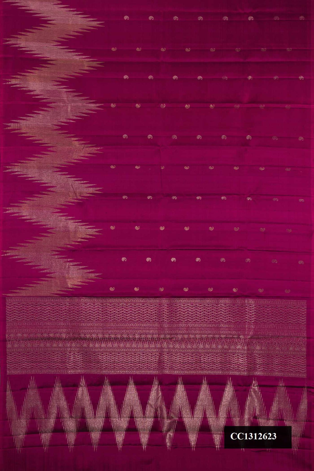 Burgundy Dual Tone Kanchipuram Silk Saree with Zari Butta on the body and Fancy Border.  displayed on a mannequin