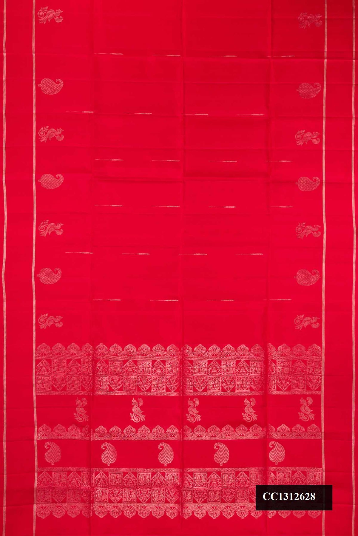 Red Dual Tone Soft Silk Saree with Zari Butta on the body and Zari Border.  displayed on a mannequin