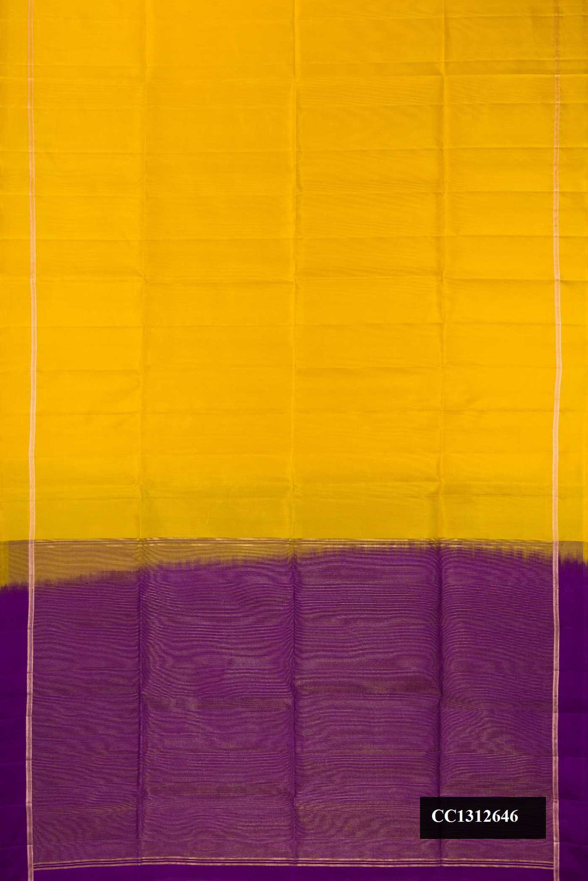 Yellow Dual Tone Soft Silk Saree with Plain Body and Zari Border.  displayed on a mannequin
