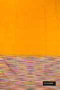 Mustard Dual Tone Soft Silk Saree with Plain Body and Without Border.  displayed on a mannequin
