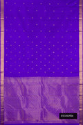 Royal Blue Dual Tone Kanchipuram Silk Saree with Stripes on the body and Zari Border.  displayed on a mannequin