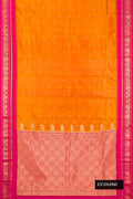 Mustard Dual Tone Kanchipuram Silk Saree with Zari Butta on the body and Zari Border.  displayed on a mannequin