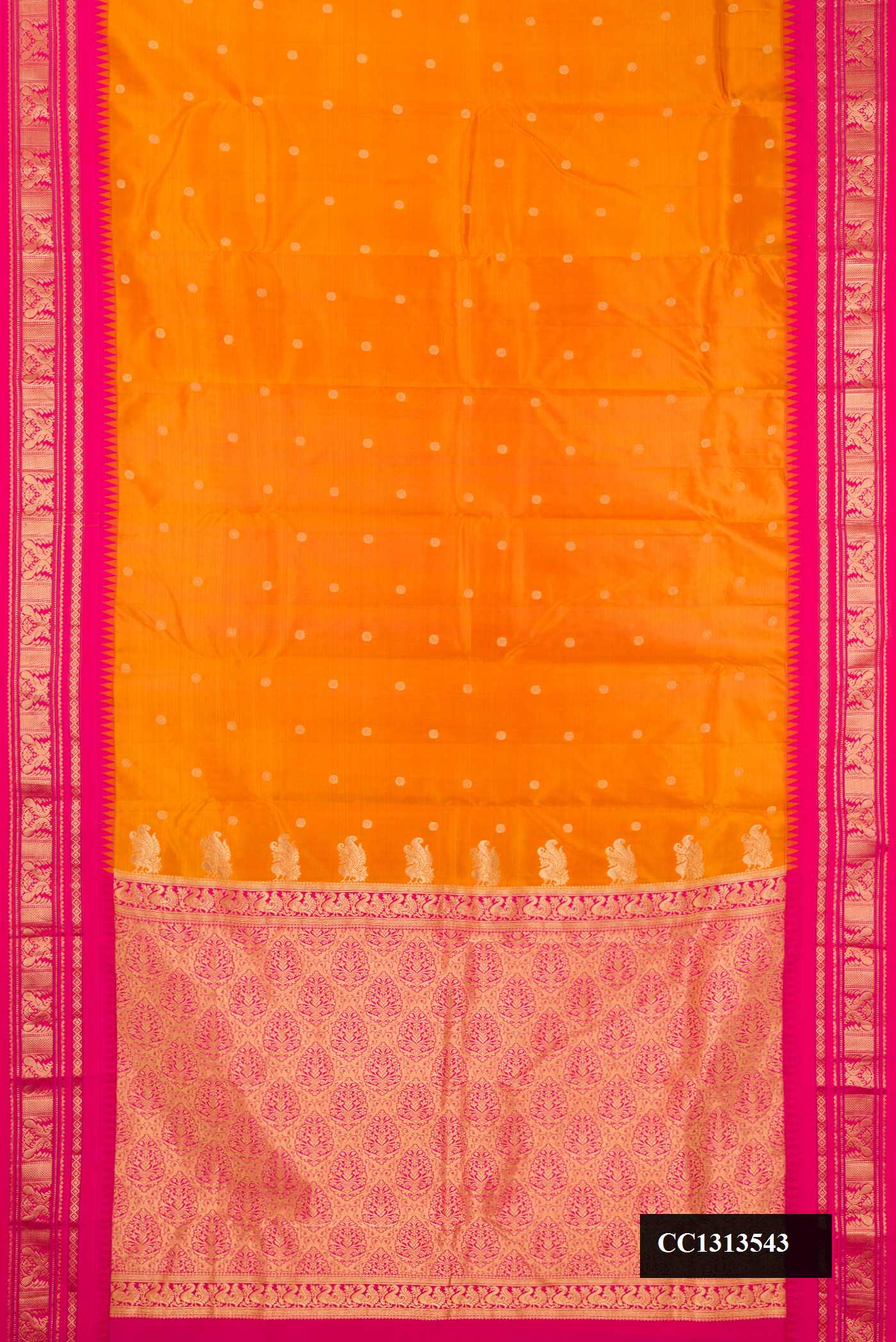 Mustard Dual Tone Kanchipuram Silk Saree with Zari Butta on the body and Zari Border.  displayed on a mannequin