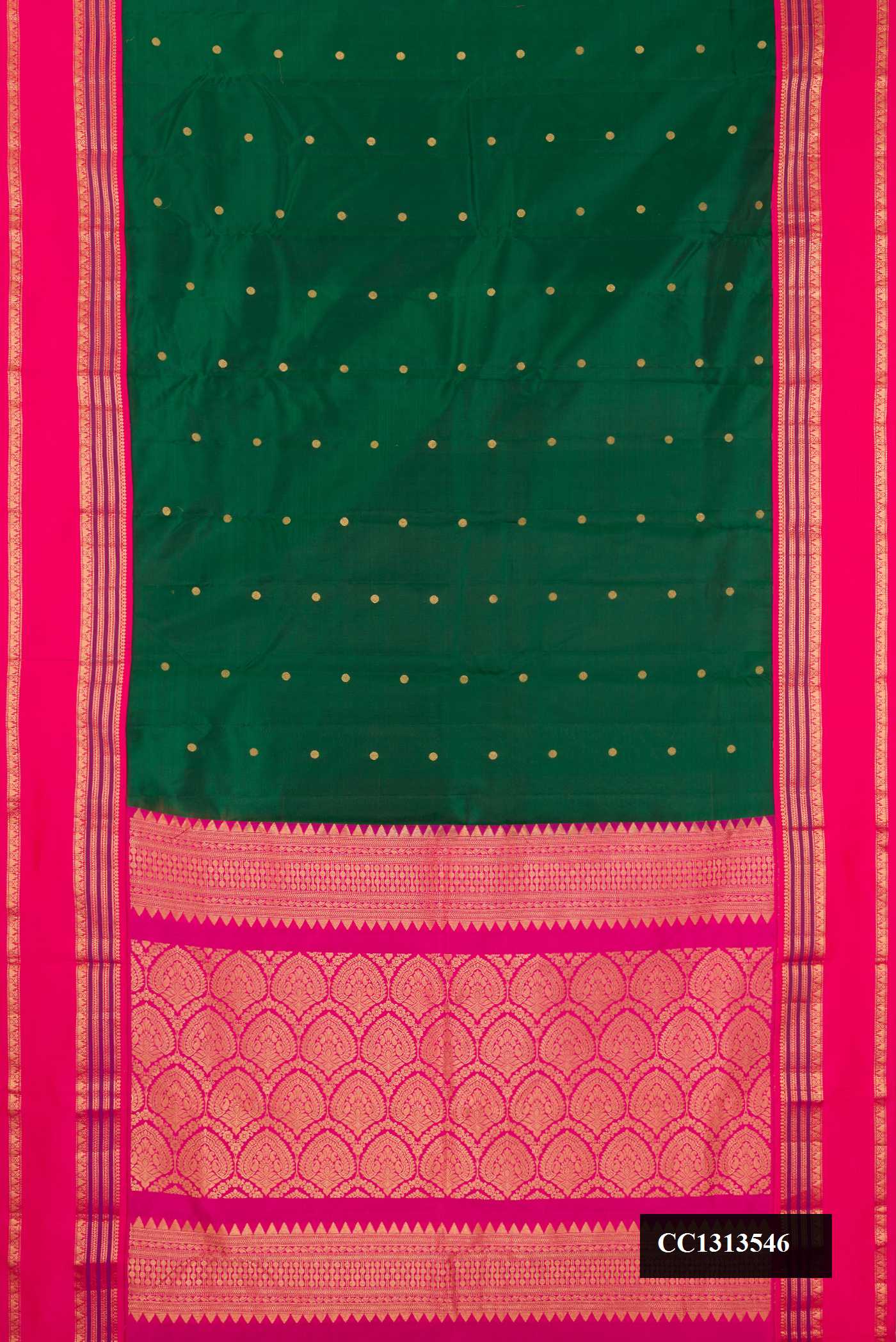 Bottle Green Dual Tone Kanchipuram Silk Saree with Zari Butta on the body and Fancy Border.  displayed on a mannequin
