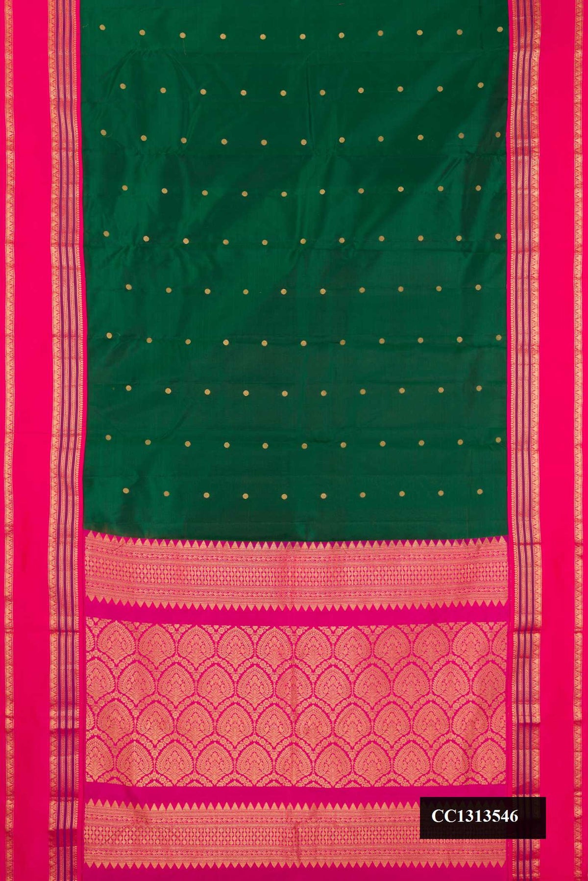 Bottle Green Dual Tone Kanchipuram Silk Saree with Zari Butta on the body and Fancy Border.  displayed on a mannequin