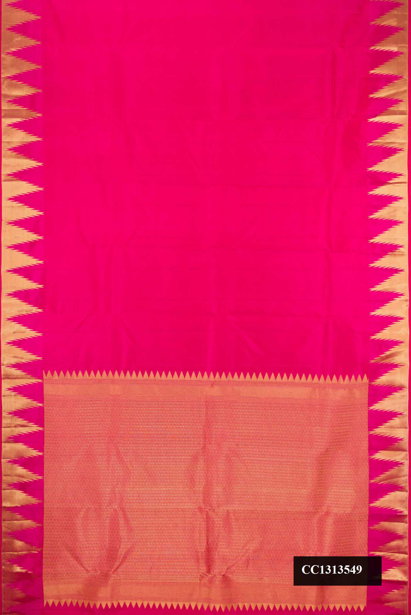 Dark Pink Dual Tone Kanchipuram Silk Saree with Plain Body and Temple Border.  displayed on a mannequin