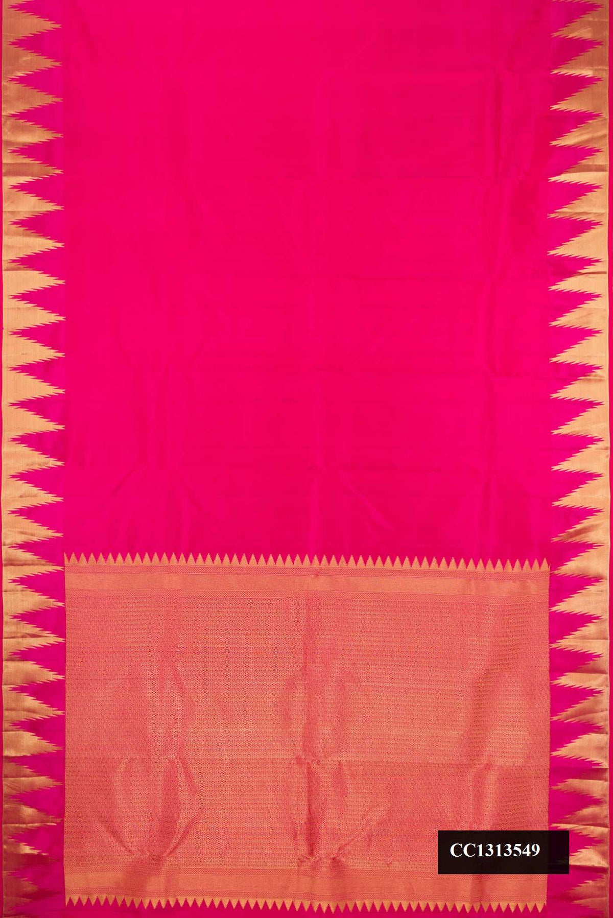 Dark Pink Dual Tone Kanchipuram Silk Saree with Plain Body and Temple Border.  displayed on a mannequin
