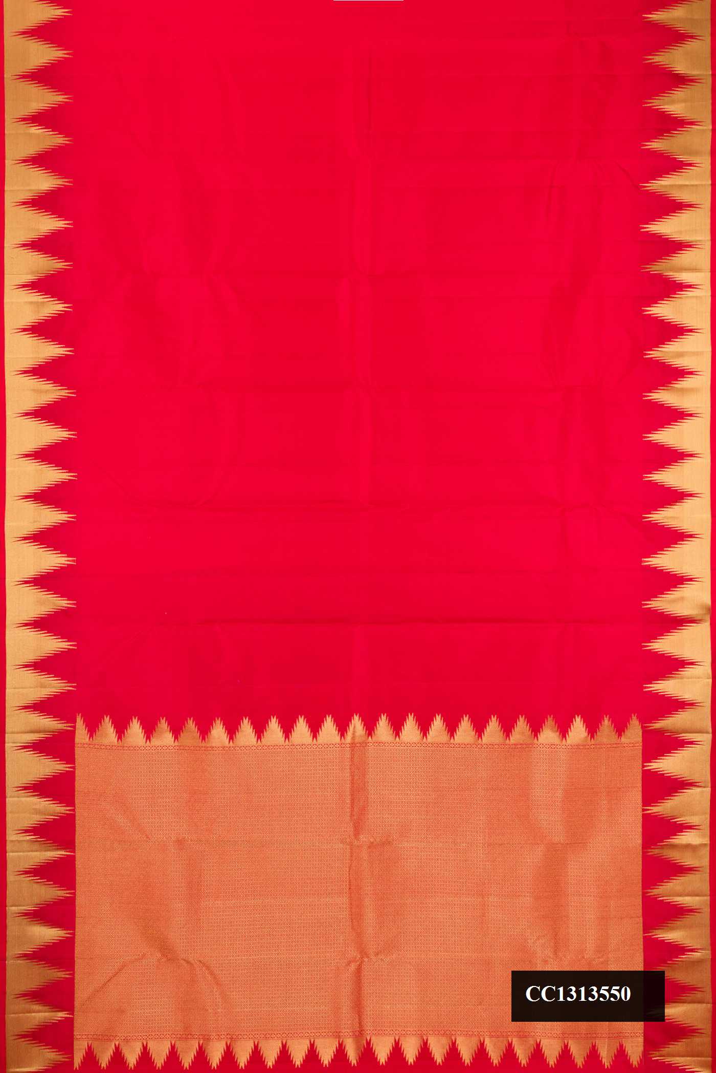 Red Dual Tone Kanchipuram Silk Saree with Plain Body and Temple Border.  displayed on a mannequin