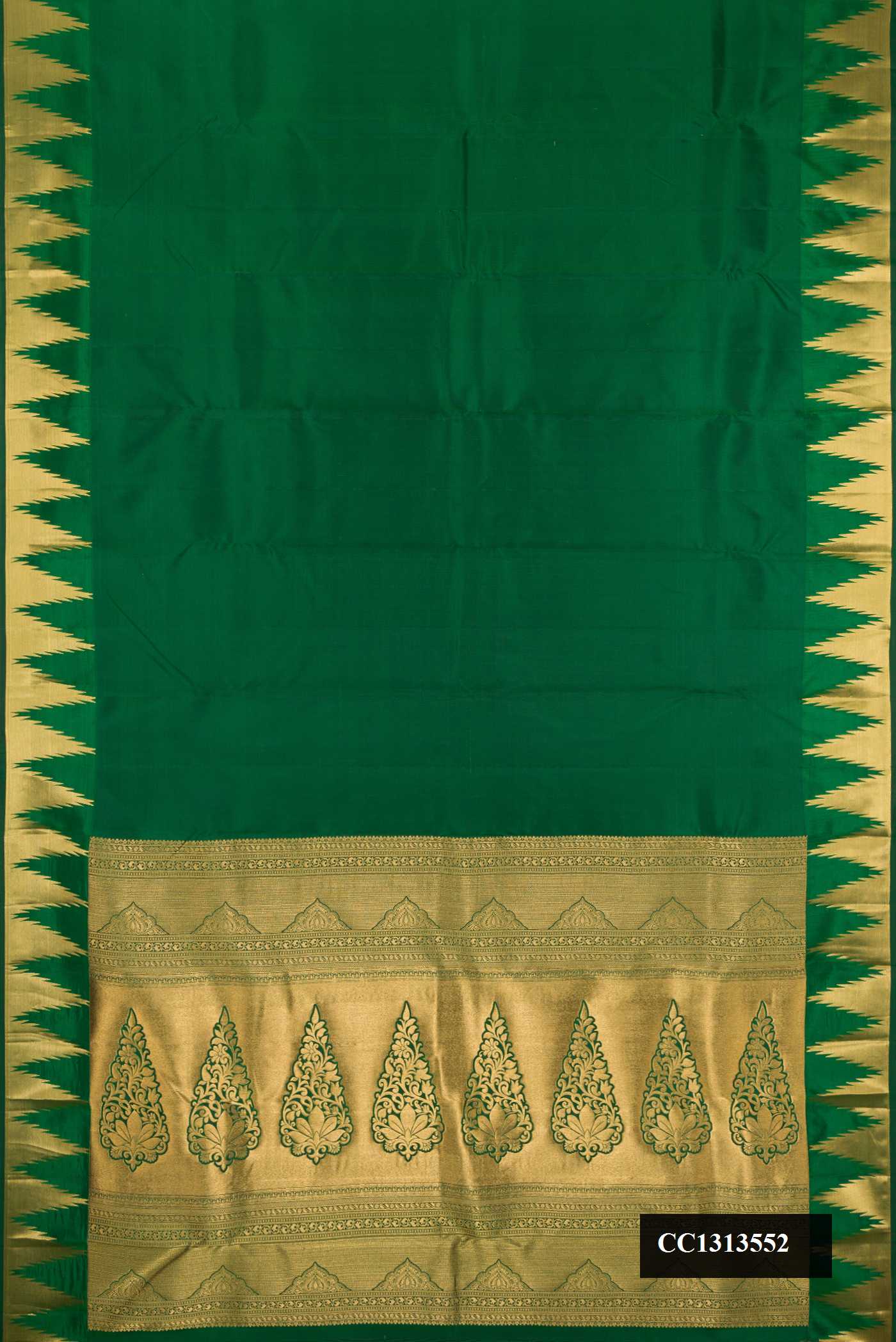 Green Dual Tone Kanchipuram Silk Saree with Plain Body and Temple Border.  displayed on a mannequin