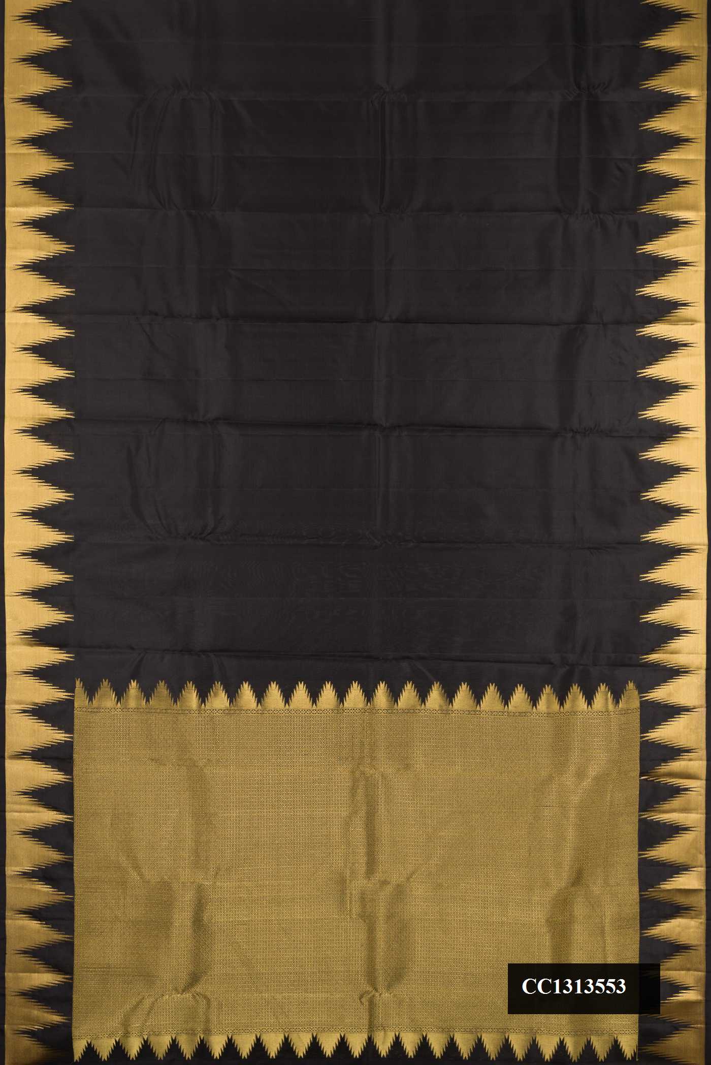 Black Dual Tone Kanchipuram Silk Saree with Plain Body and Temple Border.  displayed on a mannequin