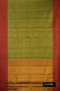 Green Dual Tone Kanchipuram Silk Saree with Stripes on the body and Zari Border.  displayed on a mannequin