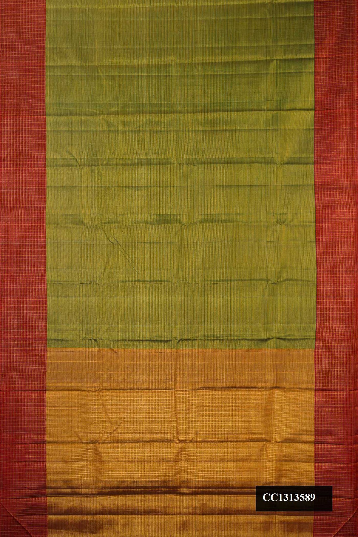 Green Dual Tone Kanchipuram Silk Saree with Stripes on the body and Zari Border.  displayed on a mannequin