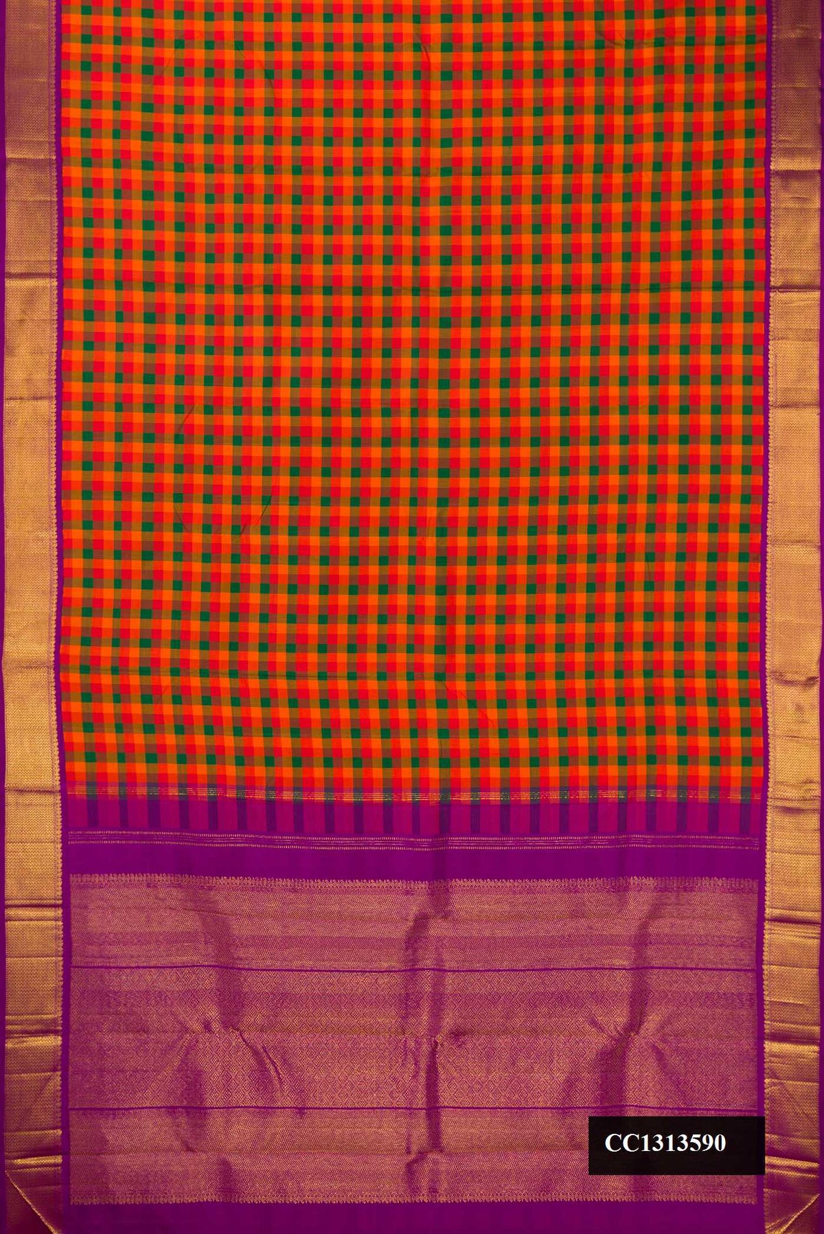 Multi Dual Tone Kanchipuram Silk Saree with Checked design on the body and Zari Border.  displayed on a mannequin