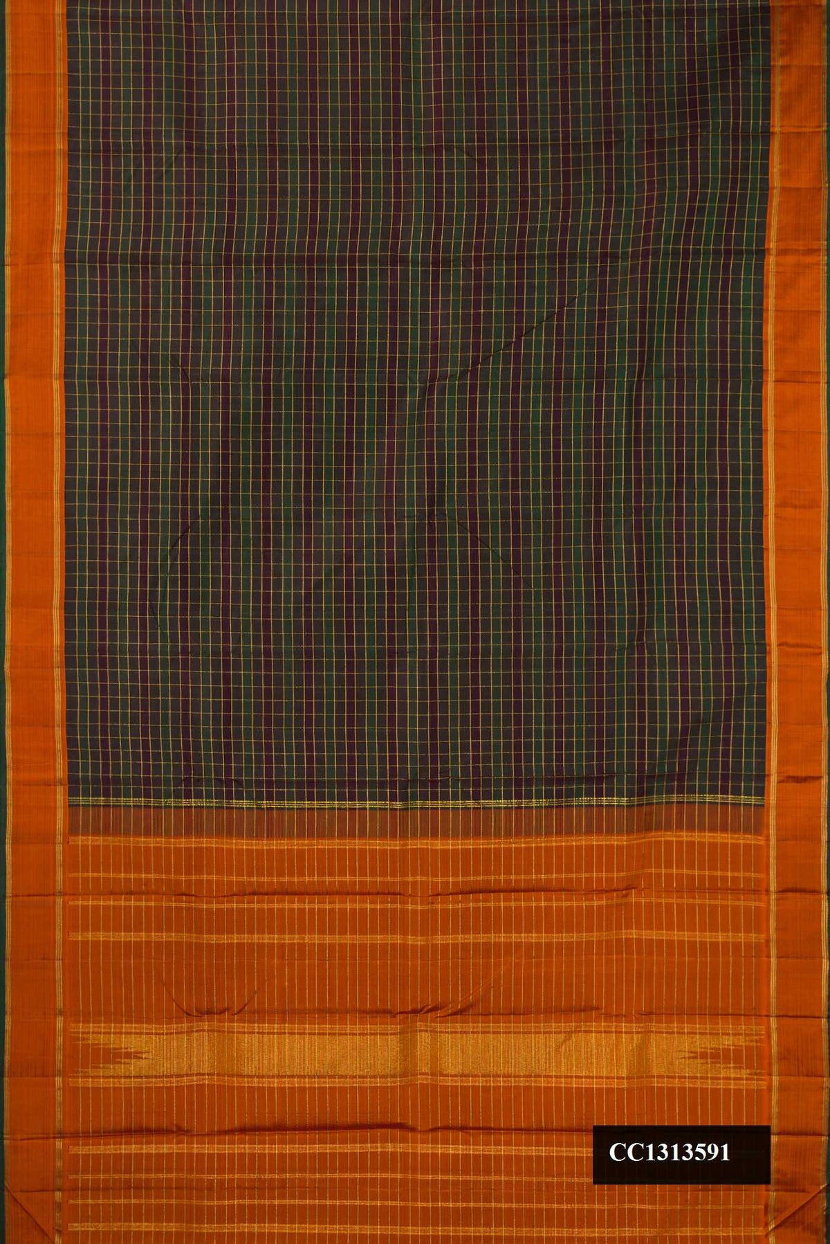 Multi Dual Tone Kanchipuram Silk Saree with Checked design on the body and Zari Border.  displayed on a mannequin