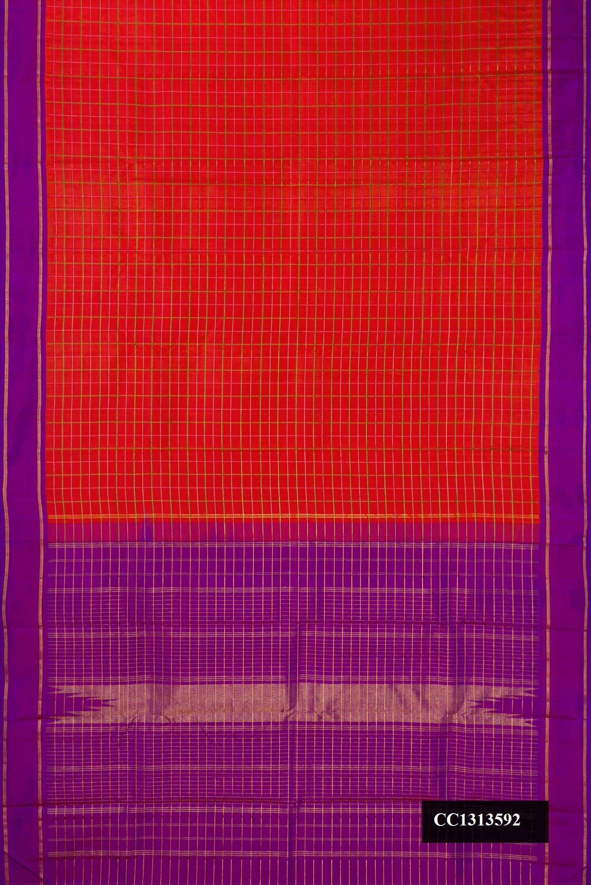 Orange Dual Tone Kanchipuram Silk Saree with Checked design on the body and Zari Border.  displayed on a mannequin