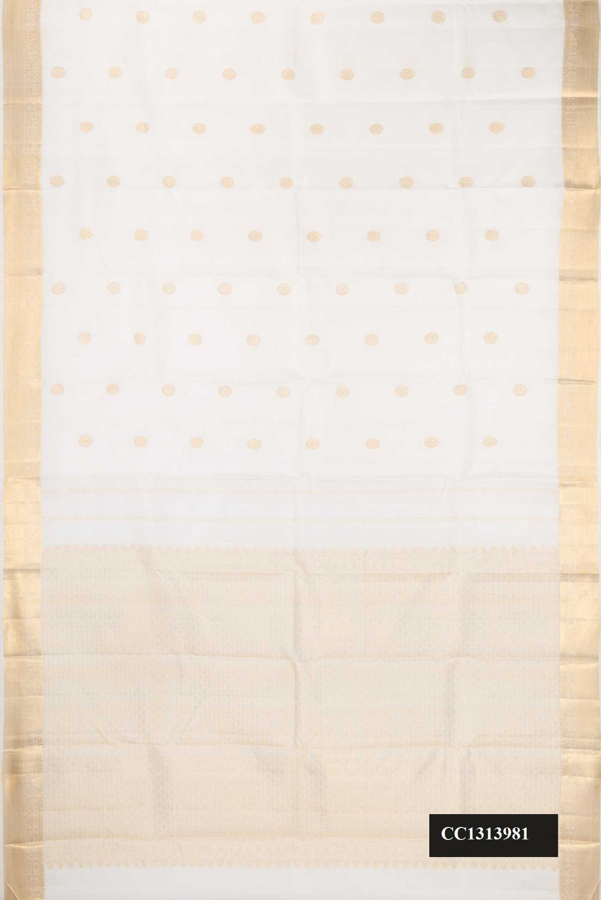White Dual Tone Kanchipuram Silk Saree with Zari Butta on the body and Zari Border.  displayed on a mannequin