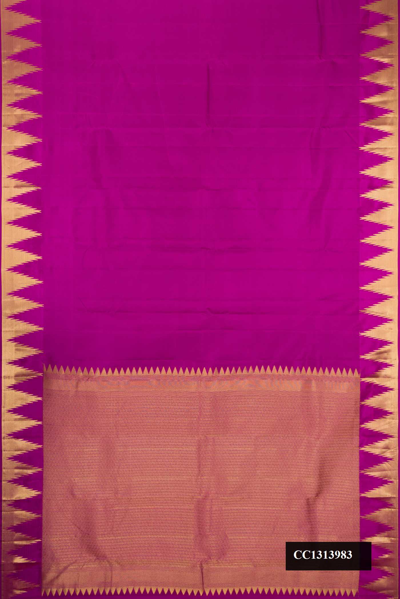 Magenta Dual Tone Kanchipuram Silk Saree with Plain Body and Temple Border.  displayed on a mannequin