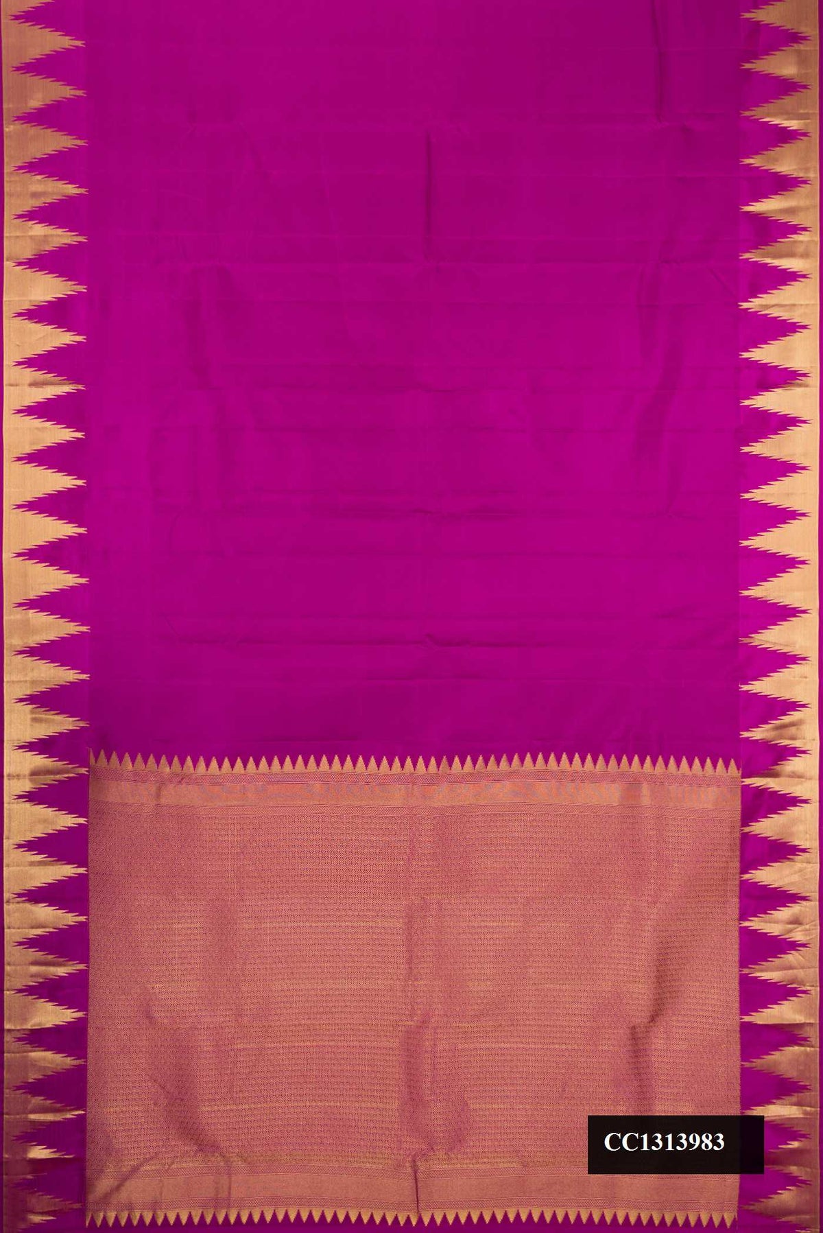 Magenta Dual Tone Kanchipuram Silk Saree with Plain Body and Temple Border.  displayed on a mannequin