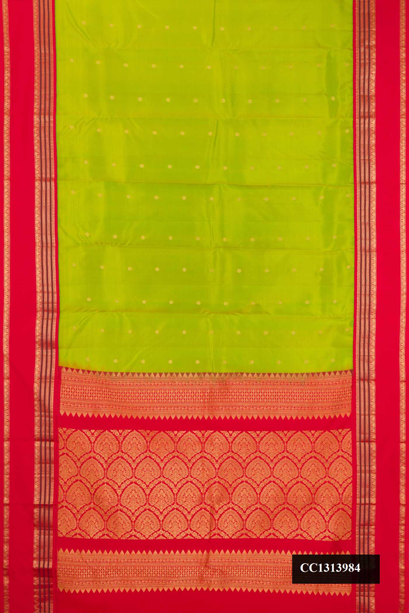 Parrot Green Dual Tone Kanchipuram Silk Saree with Zari Butta on the body and Zari Border.  displayed on a mannequin