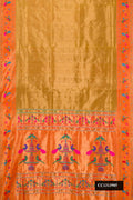 Gold Dual Tone Paithani Silk Saree with Zari Butta on the body and Paithani Border.  displayed on a mannequin