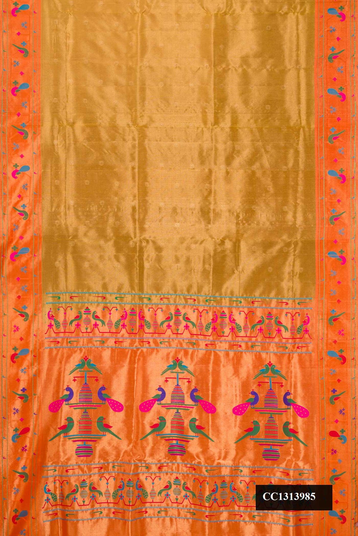 Gold Dual Tone Paithani Silk Saree with Zari Butta on the body and Paithani Border.  displayed on a mannequin