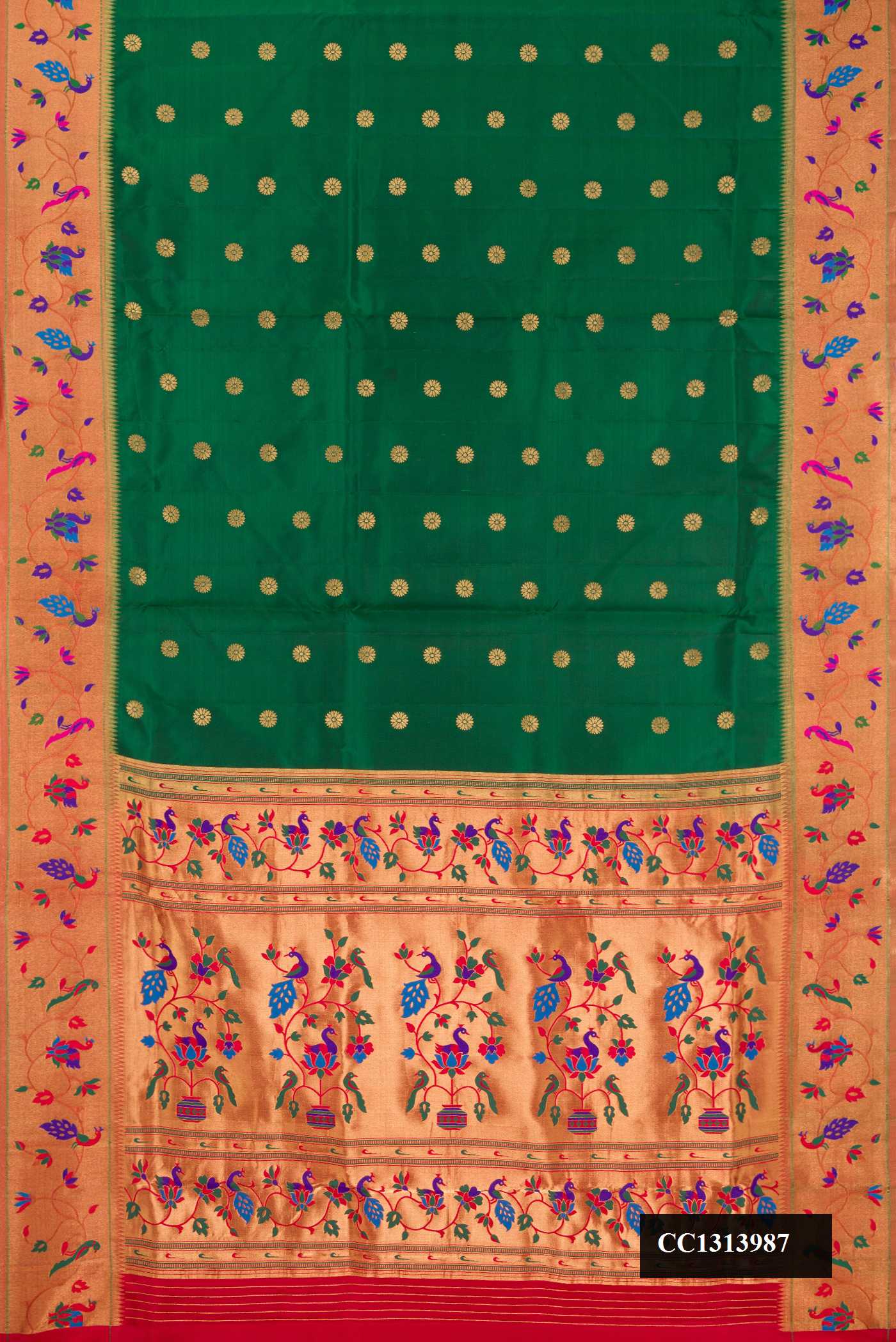 Bottle Green Dual Tone Paithani Silk Saree with Zari Butta on the body and Paithani Border.  displayed on a mannequin