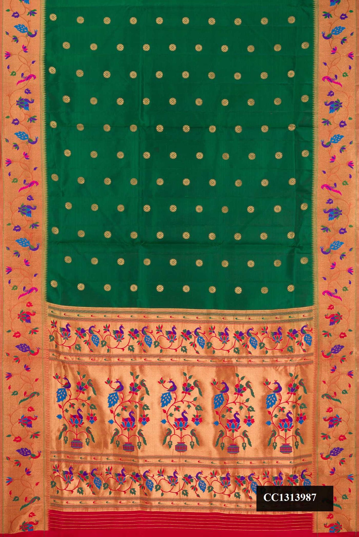 Bottle Green Dual Tone Paithani Silk Saree with Zari Butta on the body and Paithani Border.  displayed on a mannequin