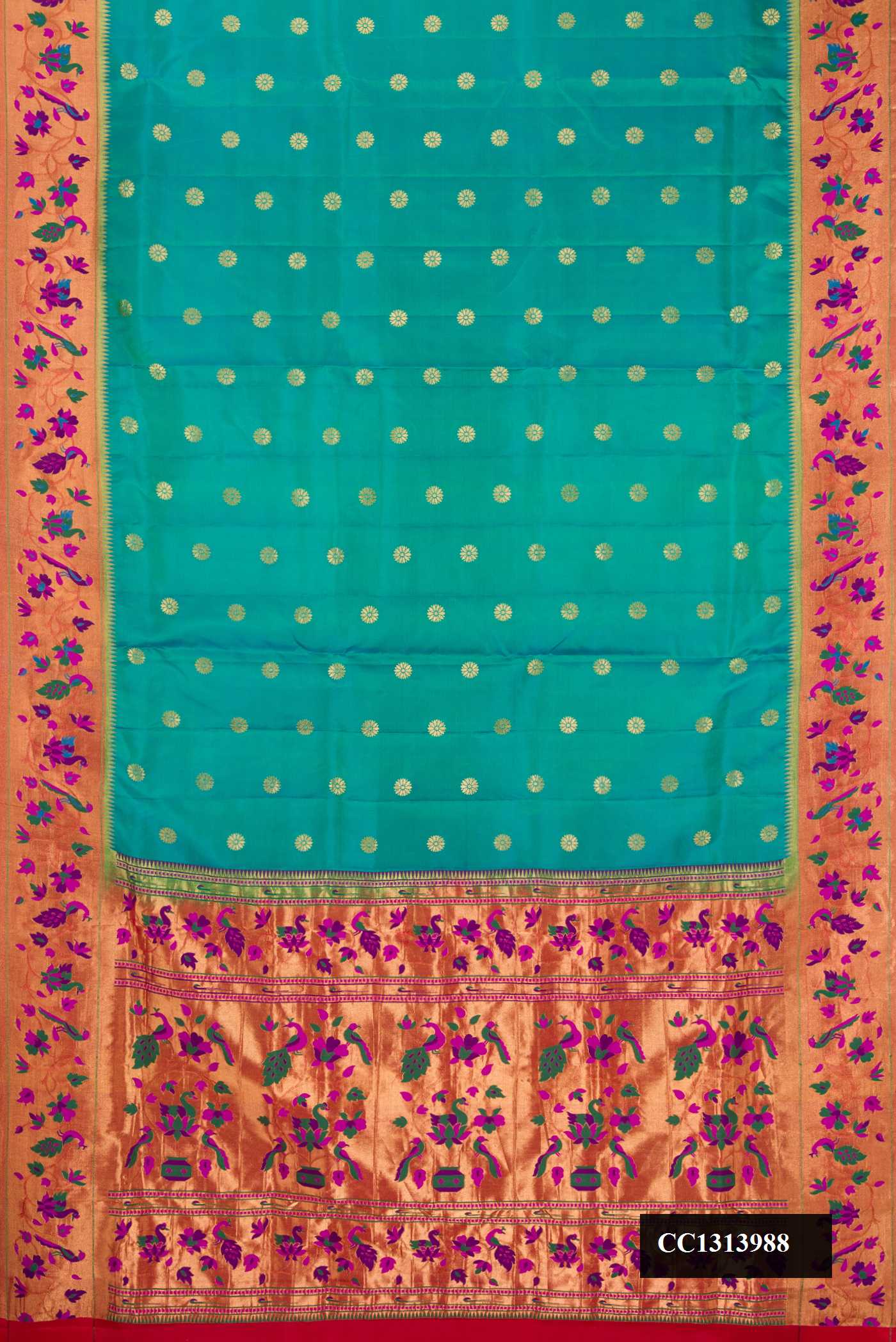 Sky Blue Dual Tone Paithani Silk Saree with Zari Butta on the body and Paithani Border.  displayed on a mannequin