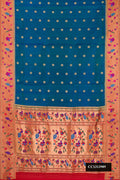 Peacock Blue Dual Tone Paithani Silk Saree with Zari Butta on the body and Paithani Border.  displayed on a mannequin
