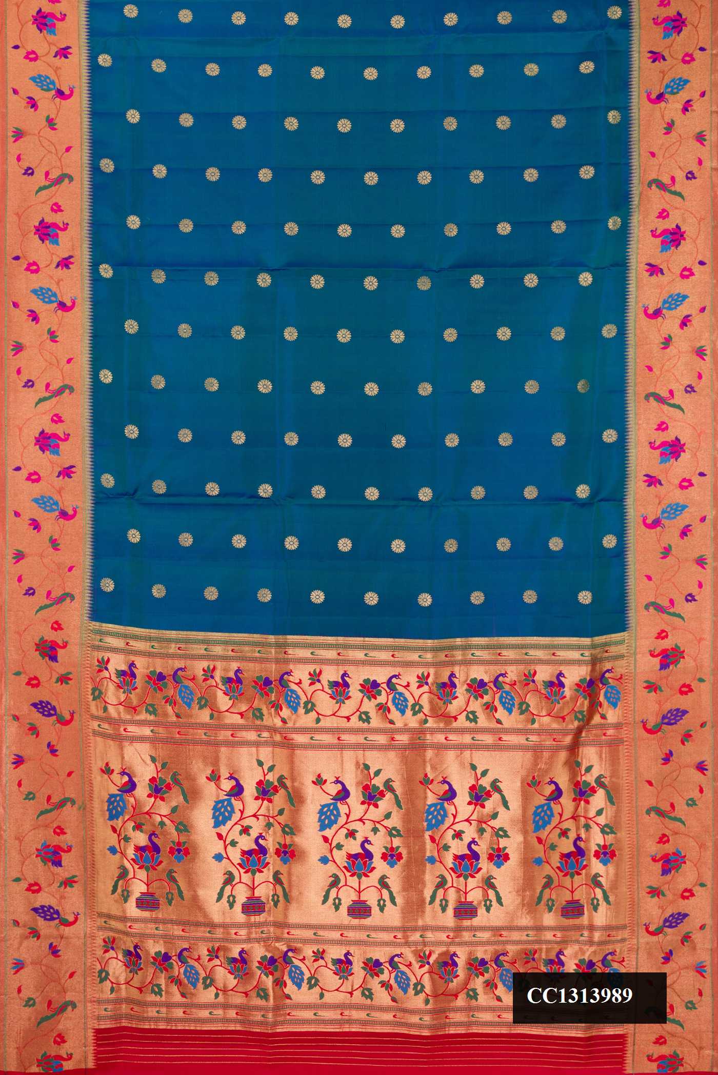 Peacock Blue Dual Tone Paithani Silk Saree with Zari Butta on the body and Paithani Border.  displayed on a mannequin