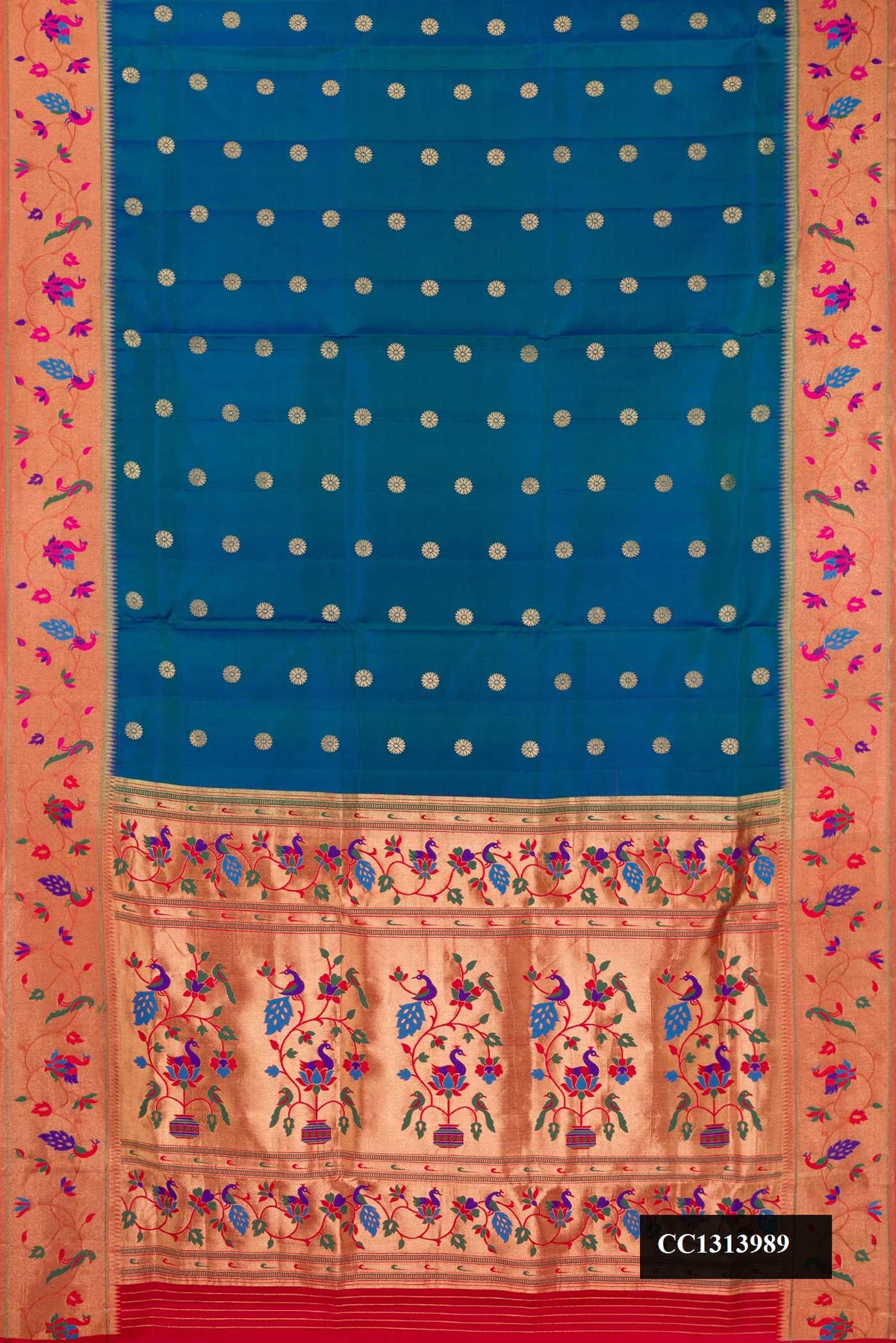 Peacock Blue Dual Tone Paithani Silk Saree with Zari Butta on the body and Paithani Border.  displayed on a mannequin