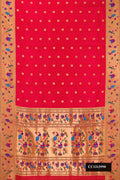 Red Dual Tone Paithani Silk Saree with Zari Butta on the body and Paithani Border.  displayed on a mannequin