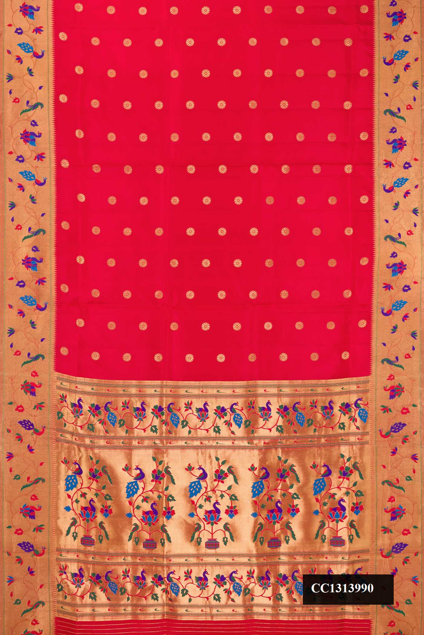 Red Dual Tone Paithani Silk Saree with Zari Butta on the body and Paithani Border.  displayed on a mannequin
