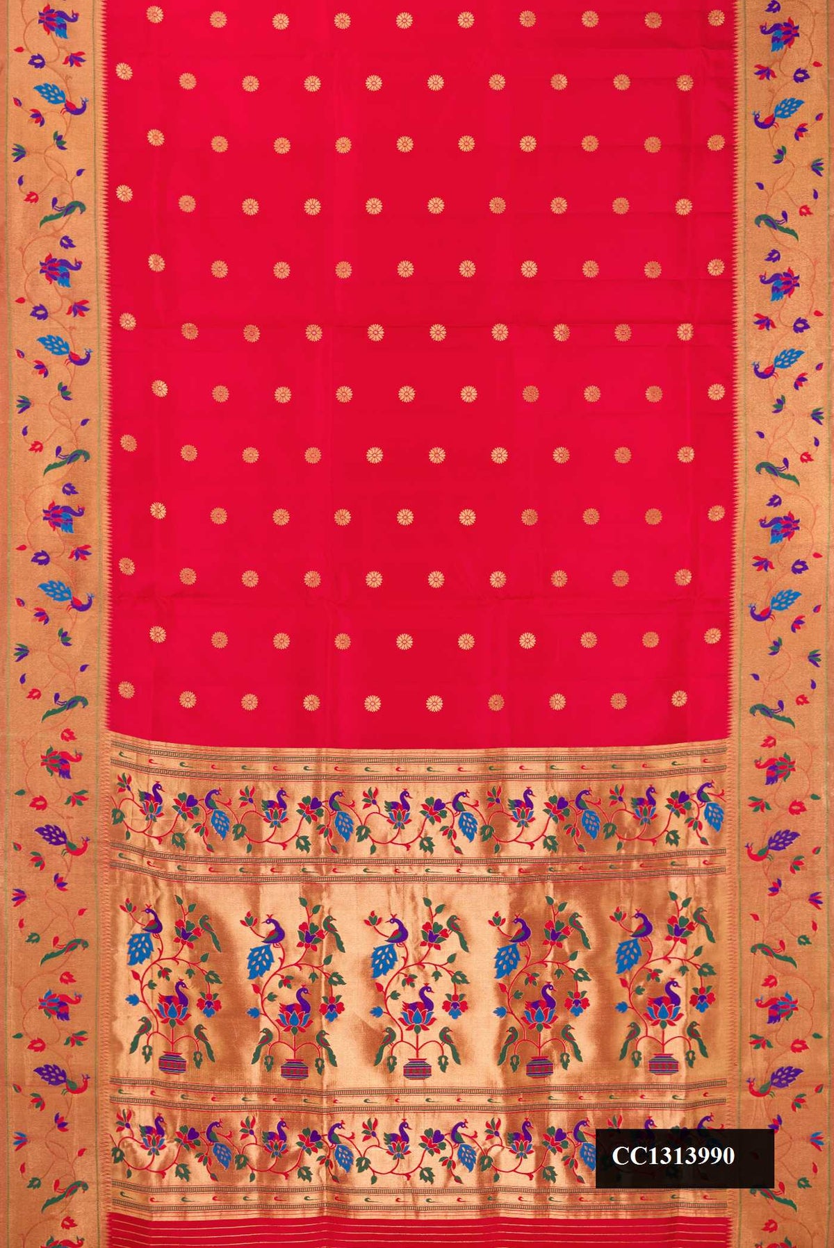 Red Dual Tone Paithani Silk Saree with Zari Butta on the body and Paithani Border.  displayed on a mannequin