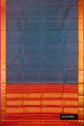 Peacock Blue Dual Tone Kanchipuram Silk Saree with Plain Body and Zari Border.  displayed on a mannequin