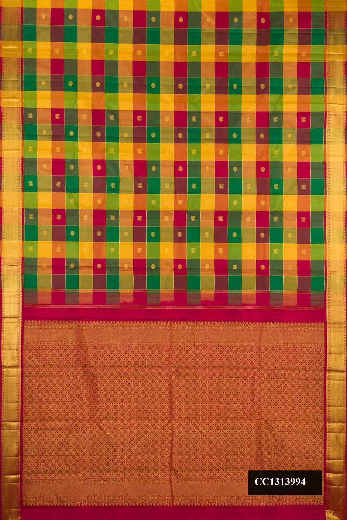 Multi Dual Tone Kanchipuram Silk Saree with Checked design on the body and Zari Border.  displayed on a mannequin